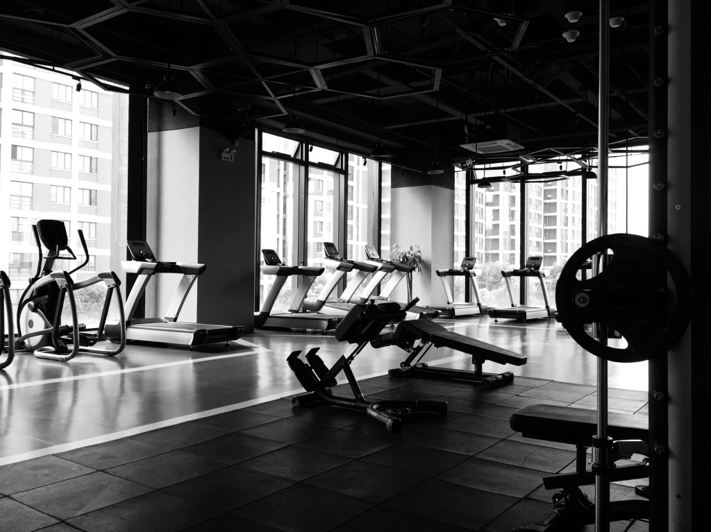 Black and white picture of gym 
