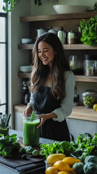 Woman blending green vegetables for juice (Healthline)